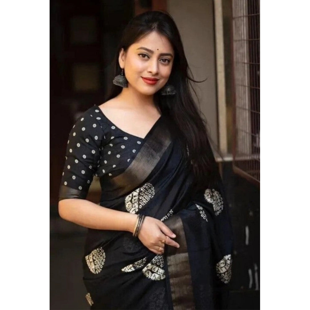 Amfyn Women's Cotton Silk Printed Saree With Unstitched Blouse 5.5Mtr (Black)