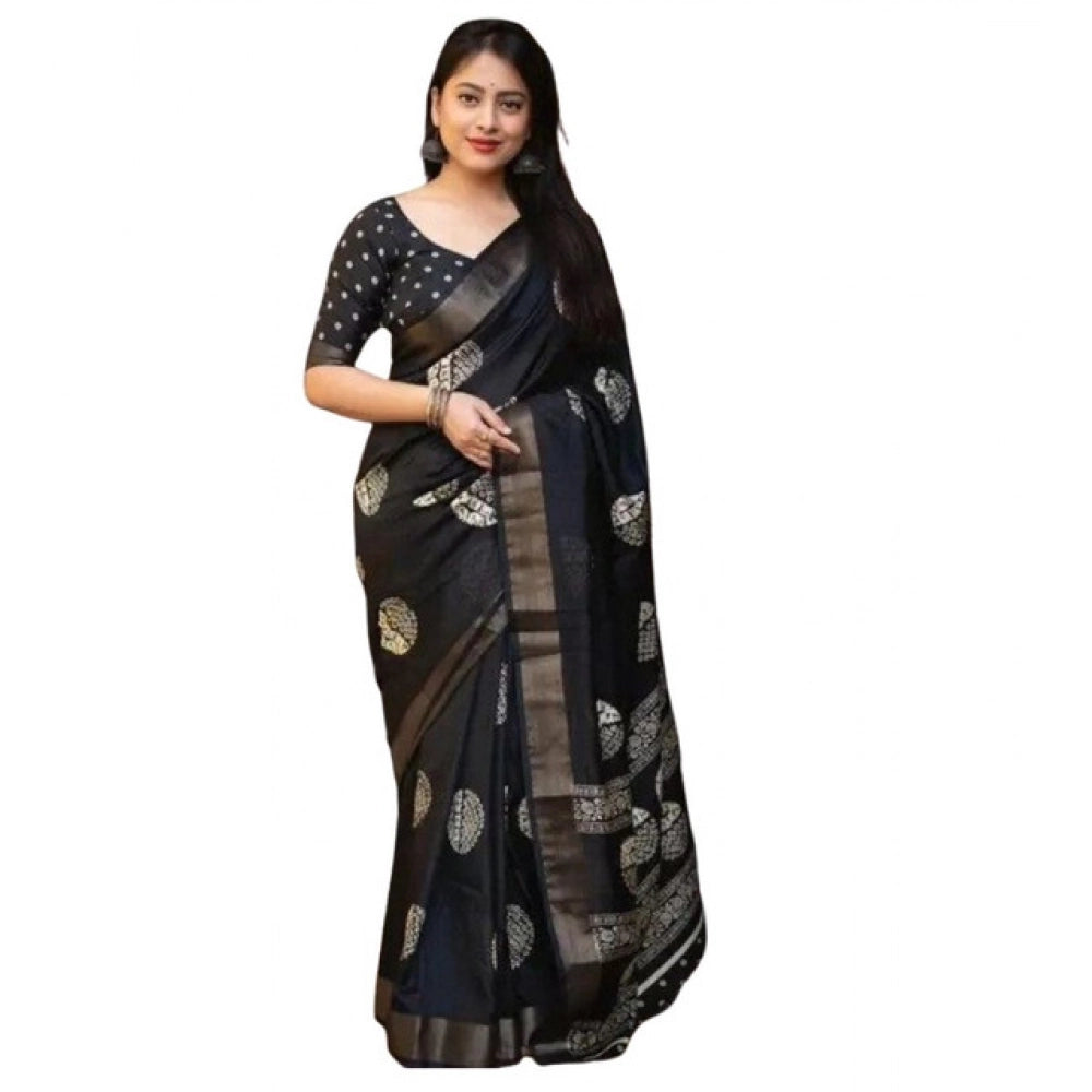 Amfyn Women's Cotton Silk Printed Saree With Unstitched Blouse 5.5Mtr (Black)