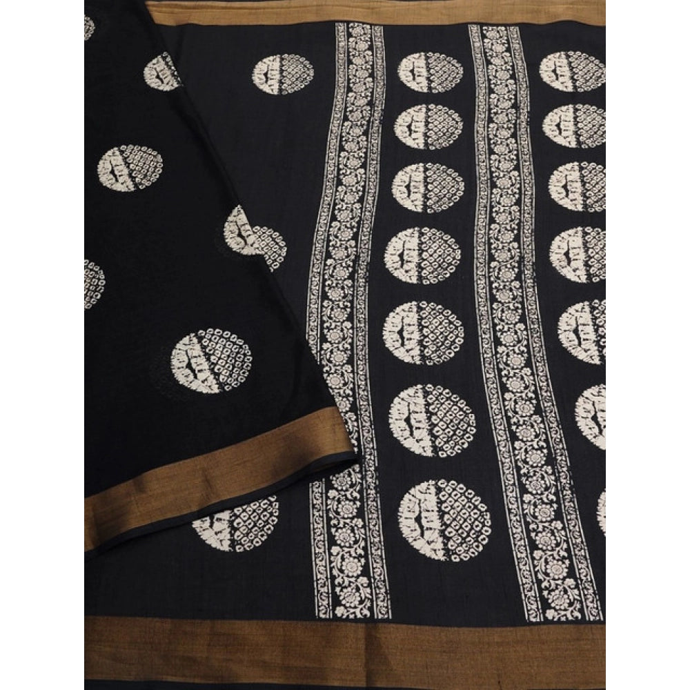 Amfyn Women's Cotton Silk Printed Saree With Unstitched Blouse 5.5Mtr (Black)