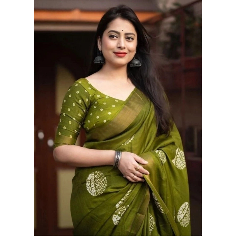 Amfyn Women's Cotton Silk Printed Saree With Unstitched Blouse 5.5Mtr (Green)