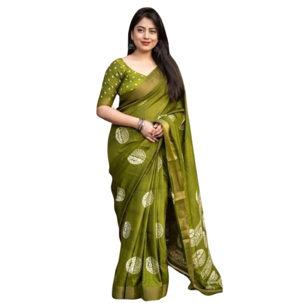 Amfyn Women's Cotton Silk Printed Saree With Unstitched Blouse 5.5Mtr (Green)