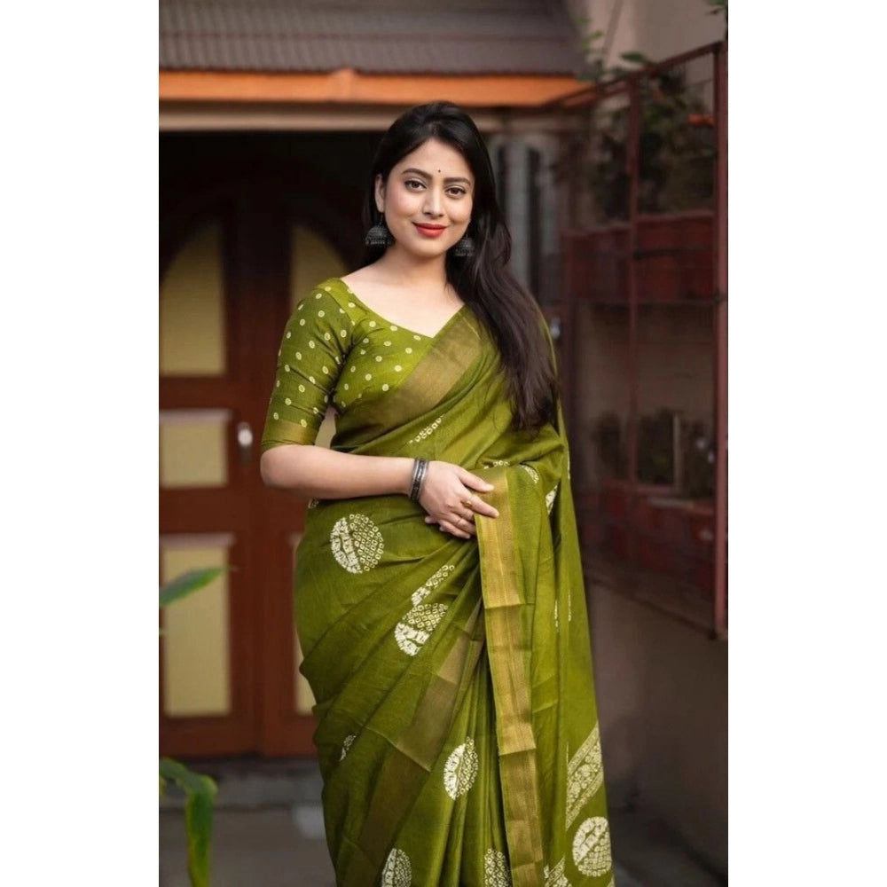 Amfyn Women's Cotton Silk Printed Saree With Unstitched Blouse 5.5Mtr (Green)