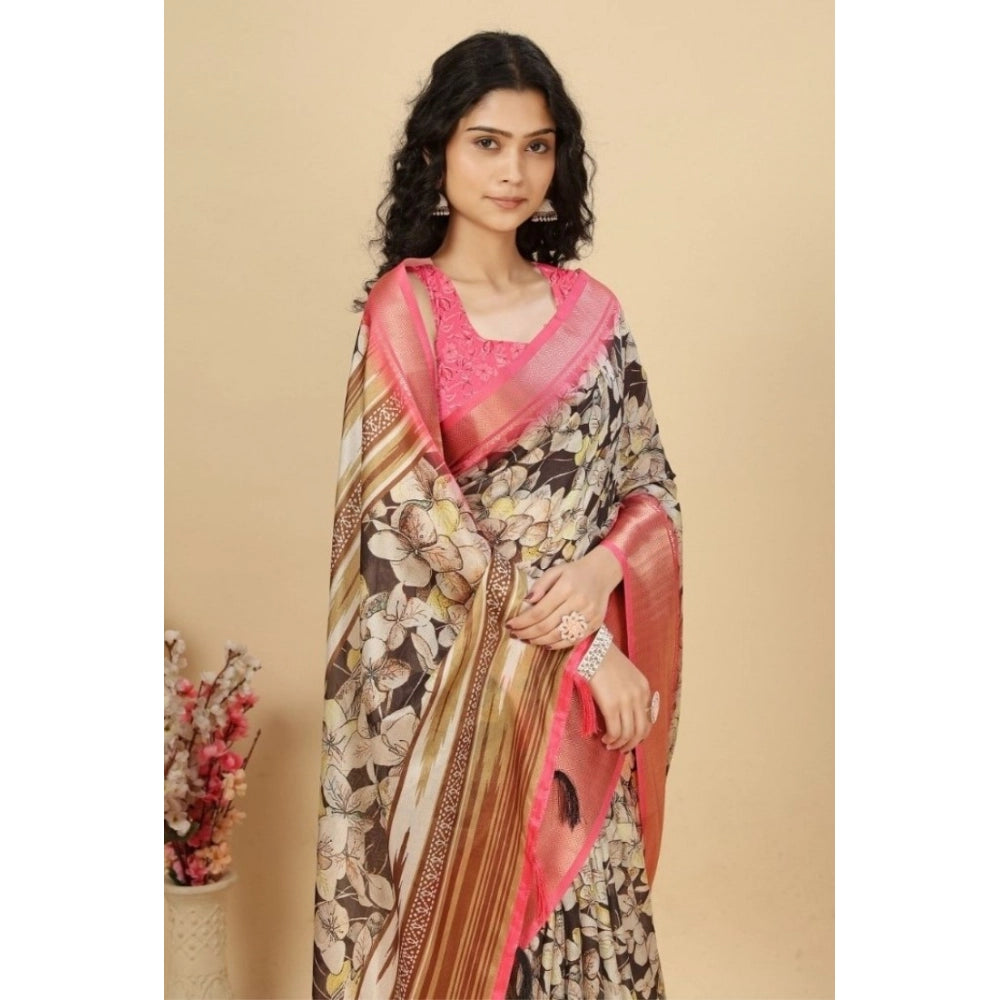 Amfyn Women's Cotton Silk Floral Printed Saree With Unstitched Blouse 5.5Mtr (Black)
