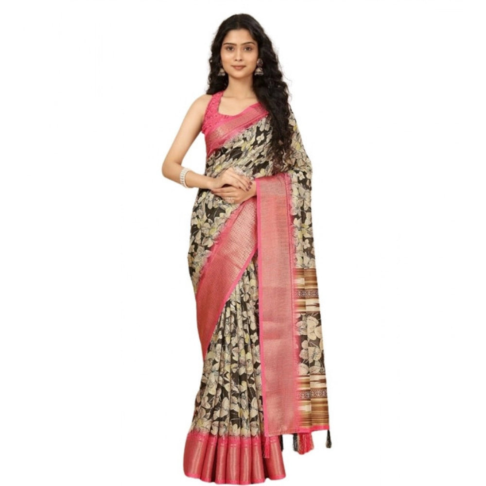 Amfyn Women's Cotton Silk Floral Printed Saree With Unstitched Blouse 5.5Mtr (Black)