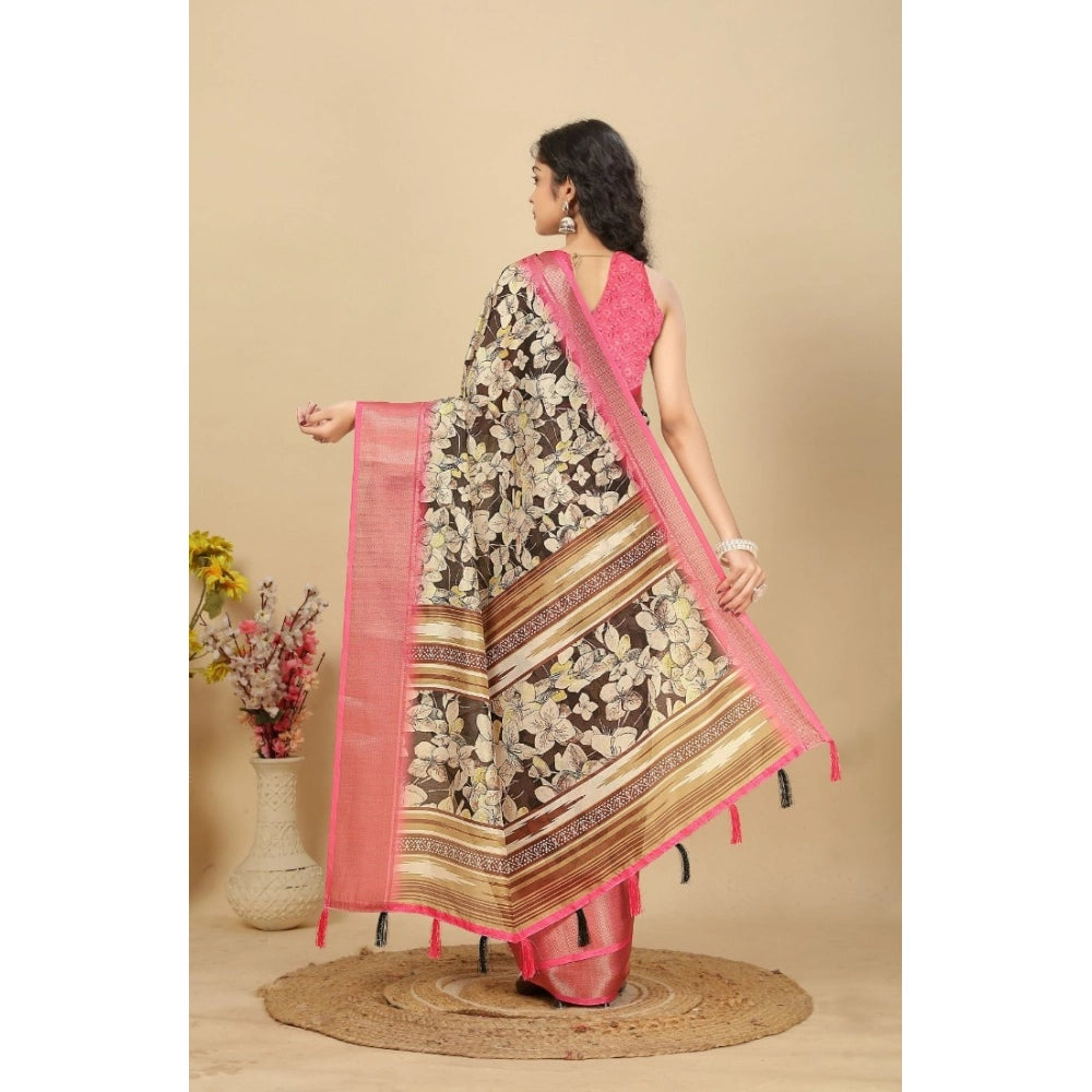 Amfyn Women's Cotton Silk Floral Printed Saree With Unstitched Blouse 5.5Mtr (Black)