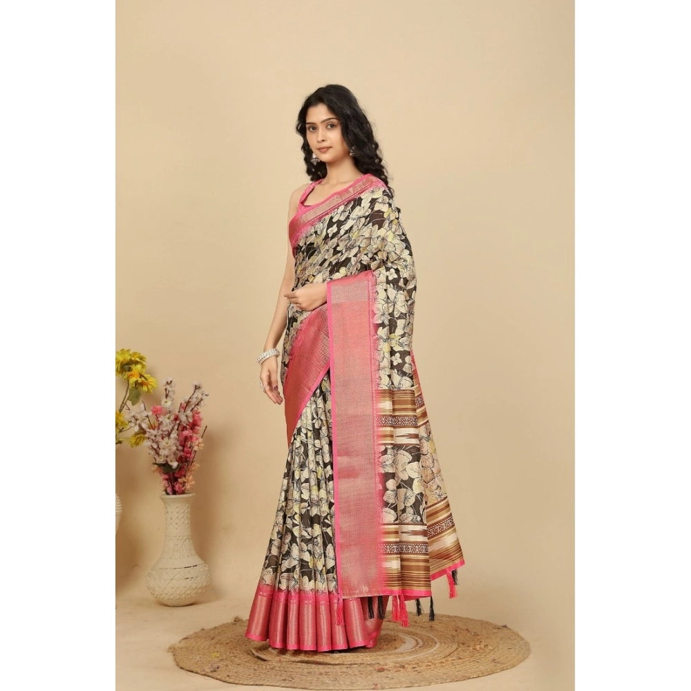 Amfyn Women's Cotton Silk Floral Printed Saree With Unstitched Blouse 5.5Mtr (Black)