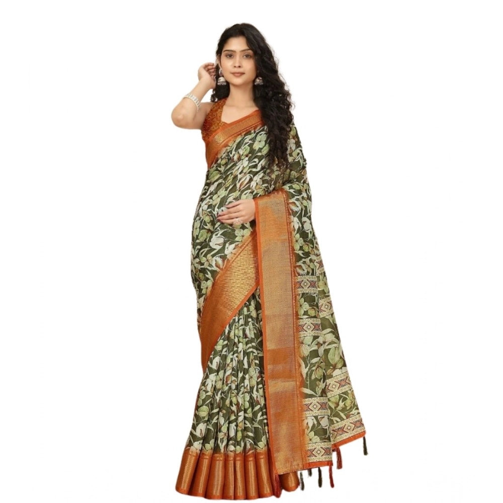 Amfyn Women's Cotton Silk Floral Printed Saree With Unstitched Blouse 5.5Mtr (Multicolor)