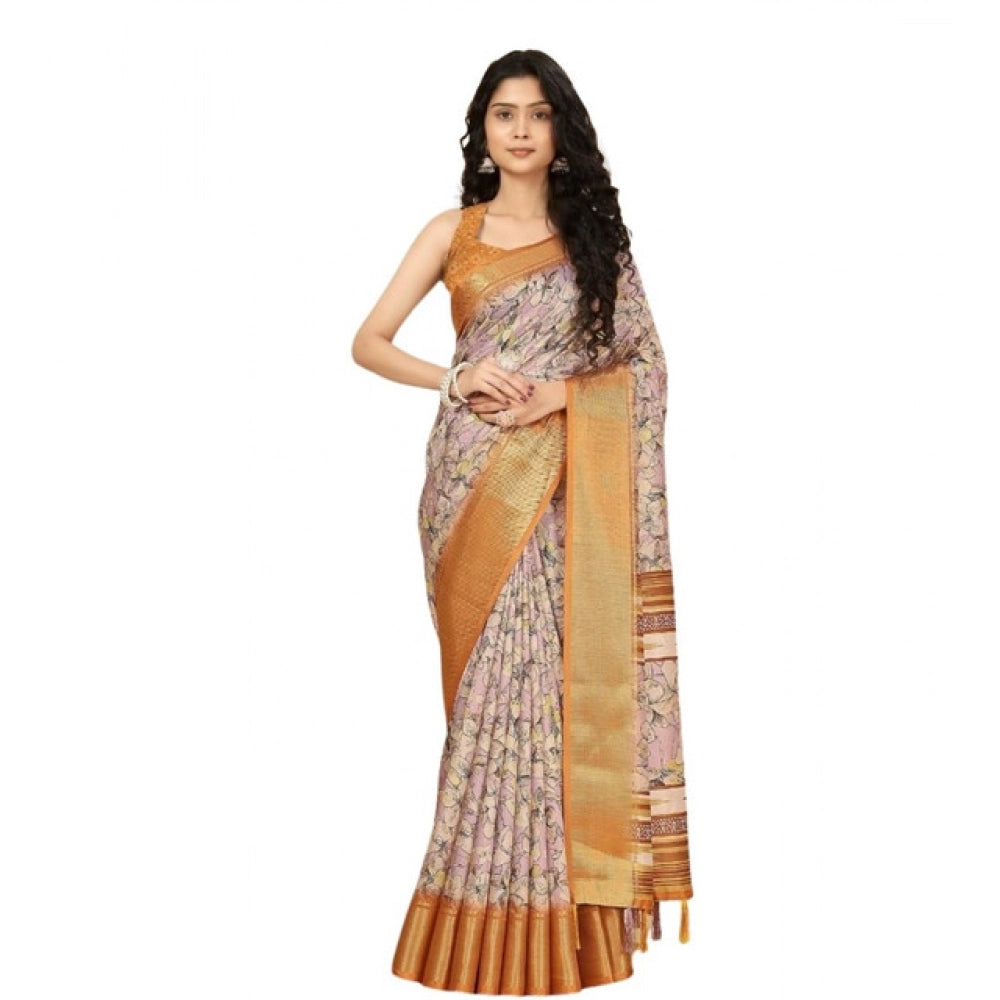 Amfyn Women's Cotton Silk Floral Printed Saree With Unstitched Blouse 5.5Mtr (Lavender)