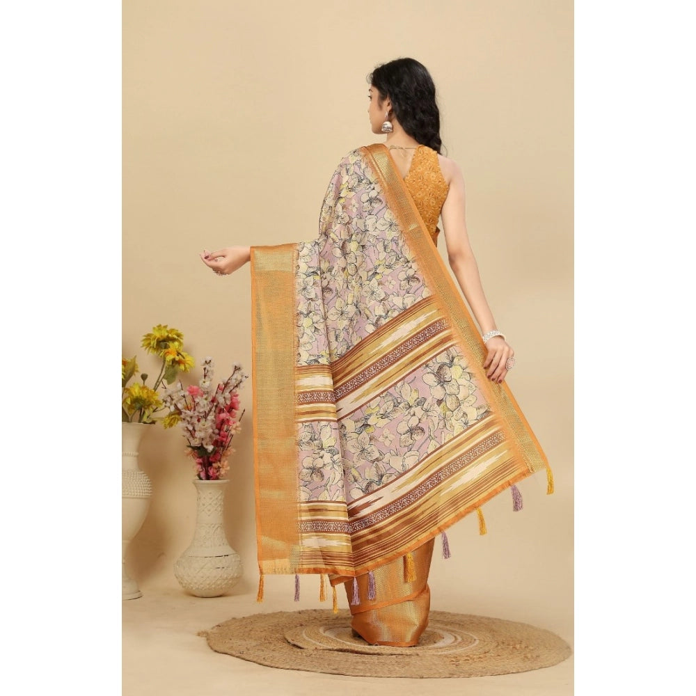 Amfyn Women's Cotton Silk Floral Printed Saree With Unstitched Blouse 5.5Mtr (Lavender)
