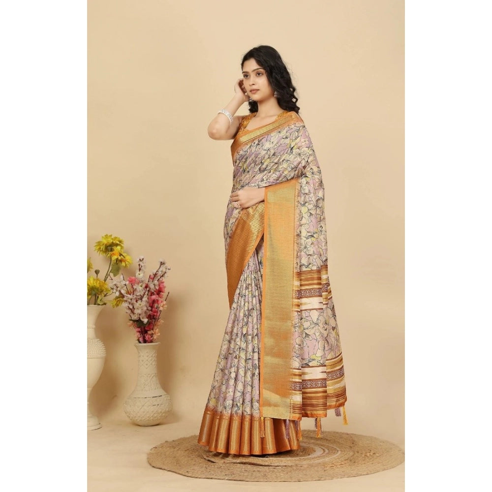 Amfyn Women's Cotton Silk Floral Printed Saree With Unstitched Blouse 5.5Mtr (Lavender)