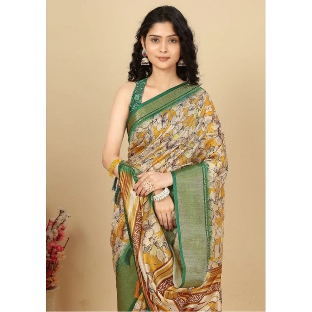 Amfyn Women's Cotton Silk Floral Printed Saree With Unstitched Blouse 5.5Mtr (Mustard)