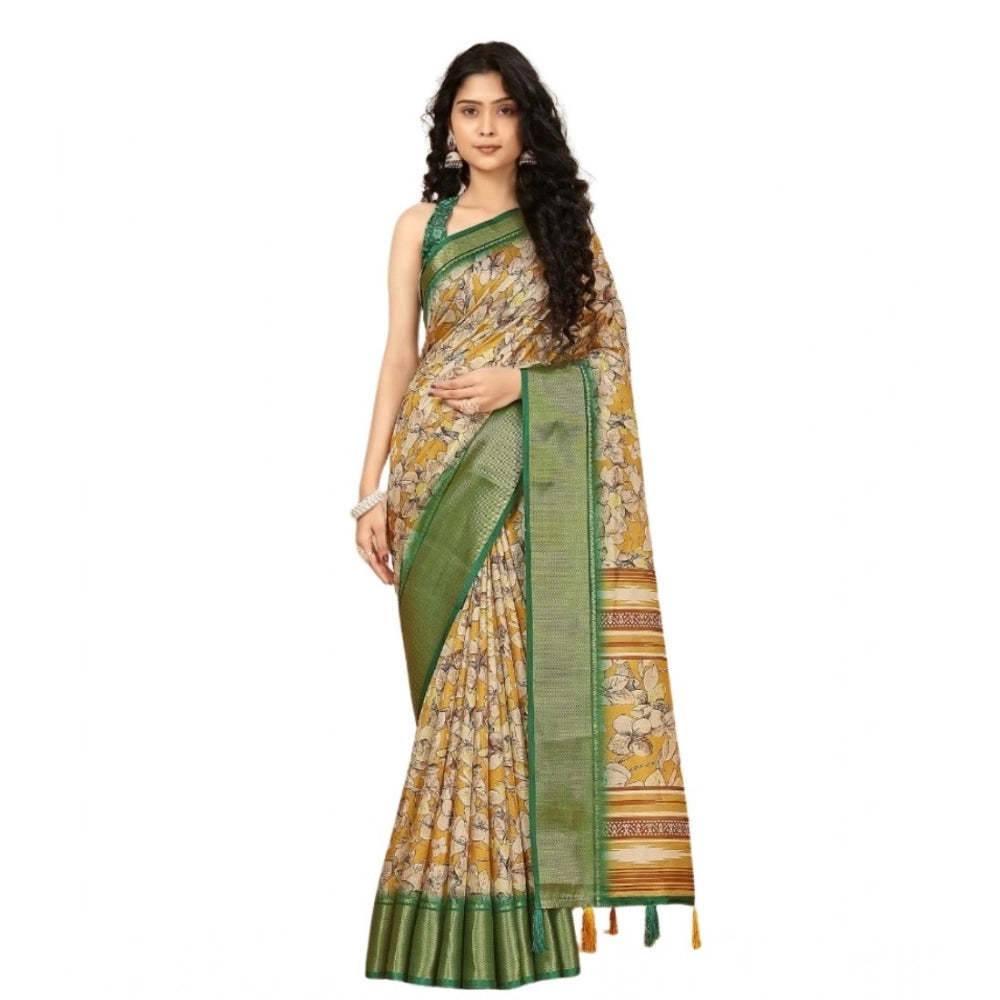 Amfyn Women's Cotton Silk Floral Printed Saree With Unstitched Blouse 5.5Mtr (Mustard)