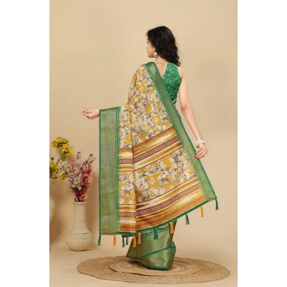 Amfyn Women's Cotton Silk Floral Printed Saree With Unstitched Blouse 5.5Mtr (Mustard)