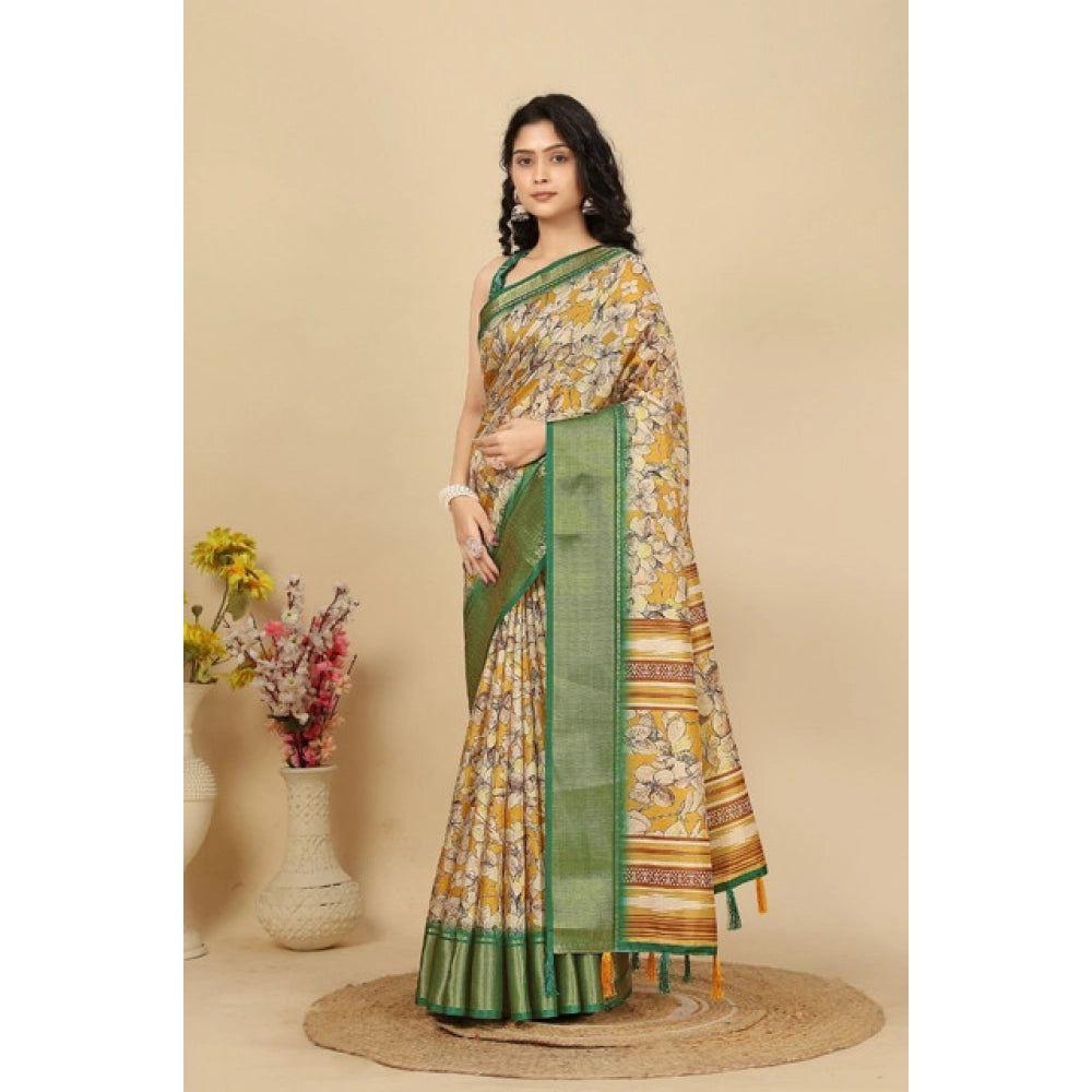 Amfyn Women's Cotton Silk Floral Printed Saree With Unstitched Blouse 5.5Mtr (Mustard)