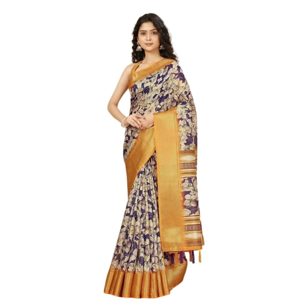 Amfyn Women's Cotton Silk Floral Printed Saree With Unstitched Blouse 5.5Mtr (Purple)