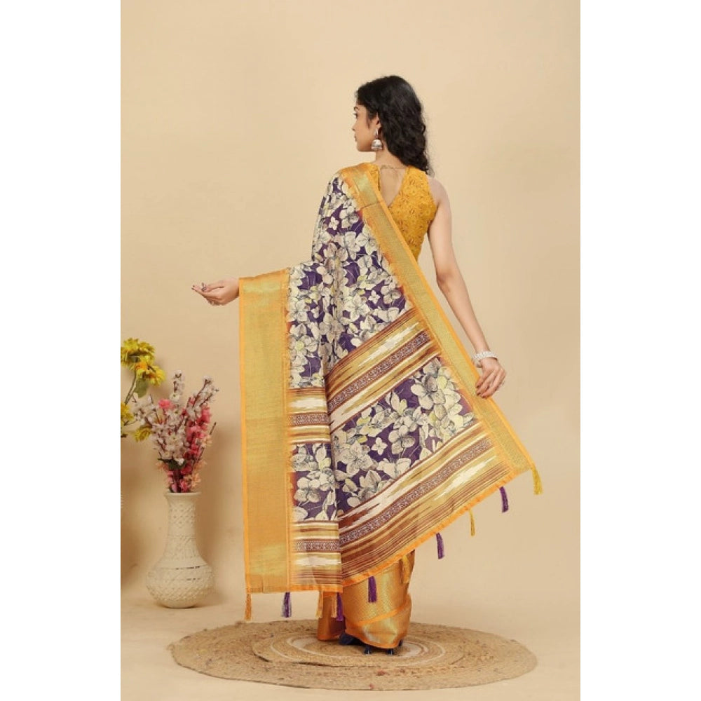 Amfyn Women's Cotton Silk Floral Printed Saree With Unstitched Blouse 5.5Mtr (Purple)