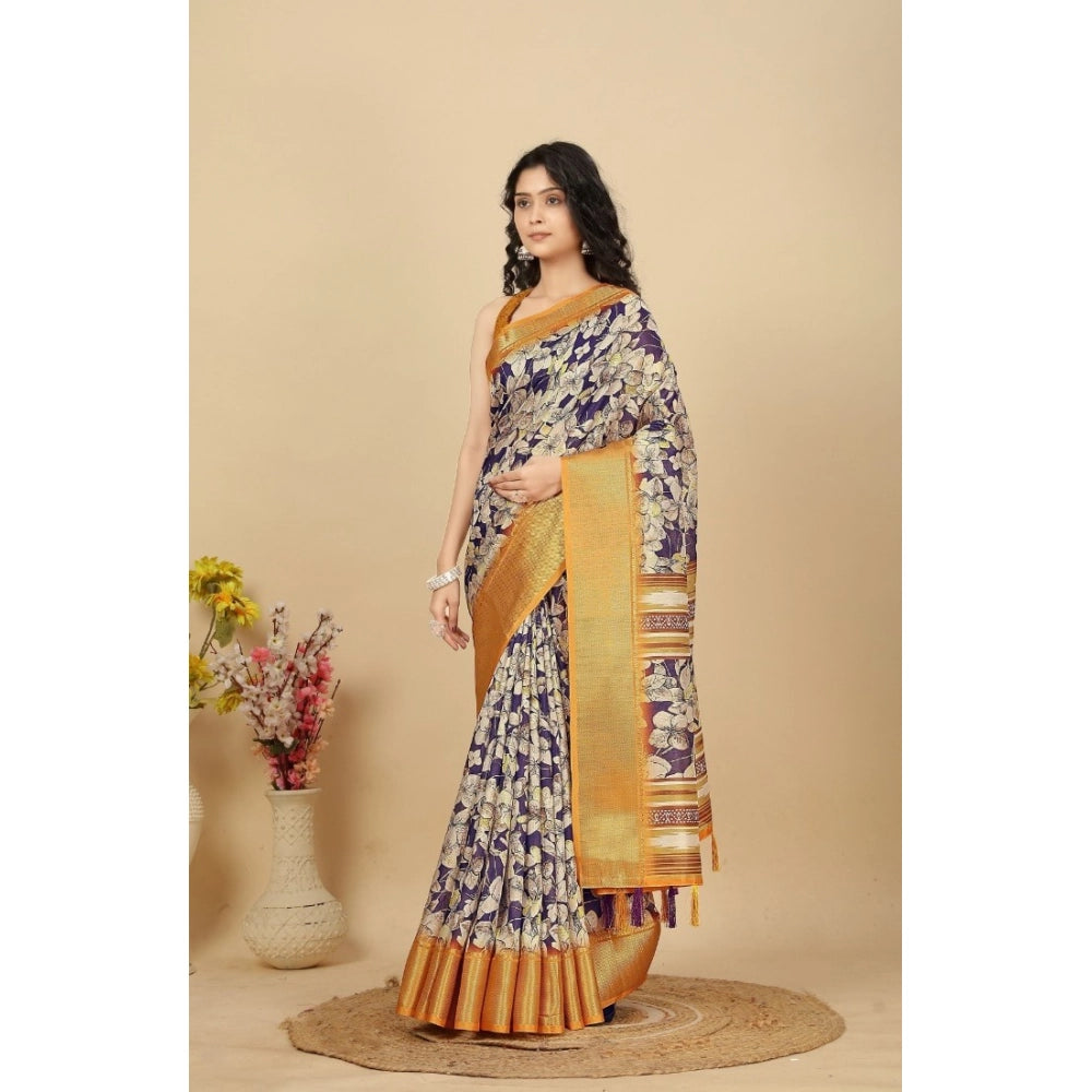 Amfyn Women's Cotton Silk Floral Printed Saree With Unstitched Blouse 5.5Mtr (Purple)