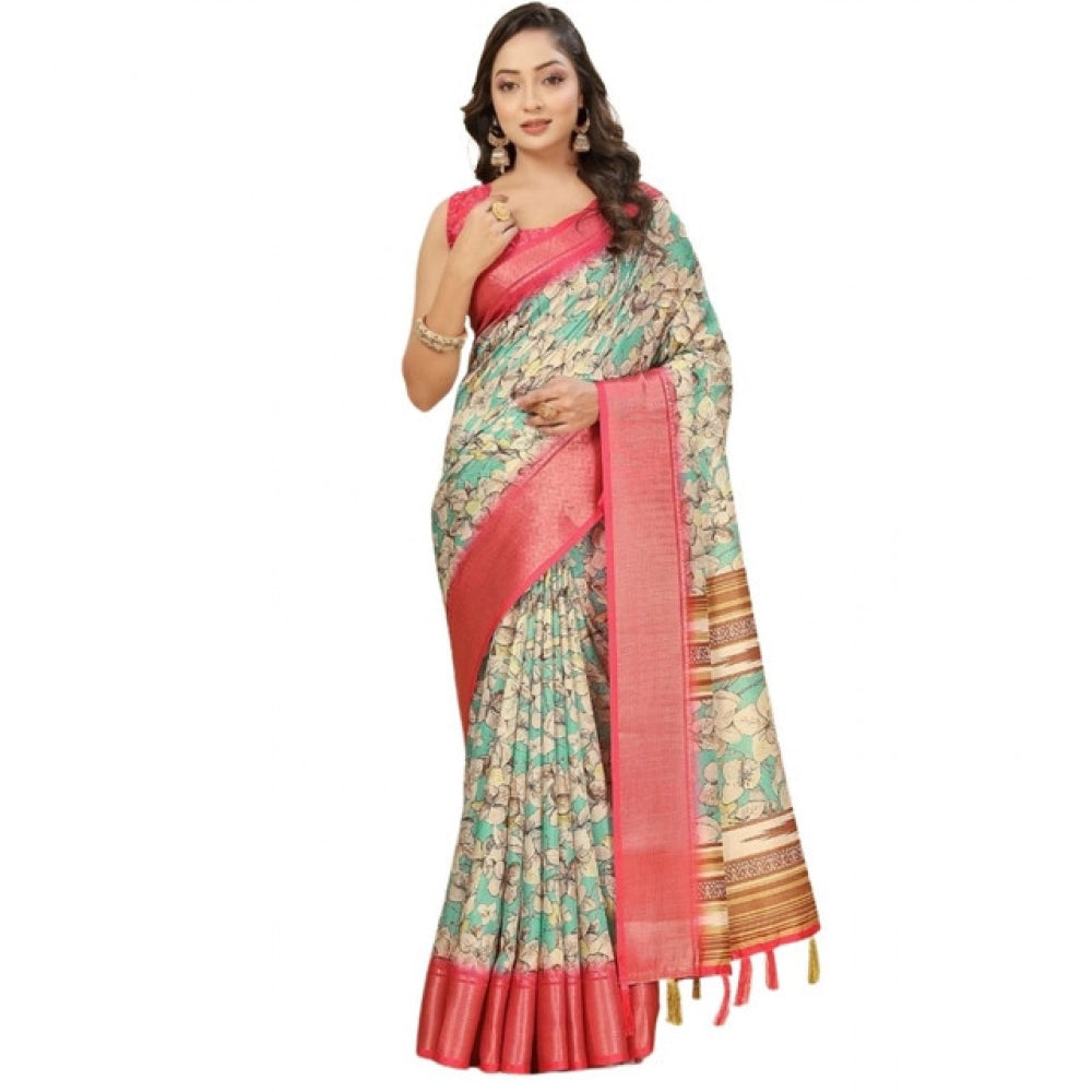 Amfyn Women's Cotton Silk Floral Printed Saree With Unstitched Blouse 5.5Mtr (Multicolor)