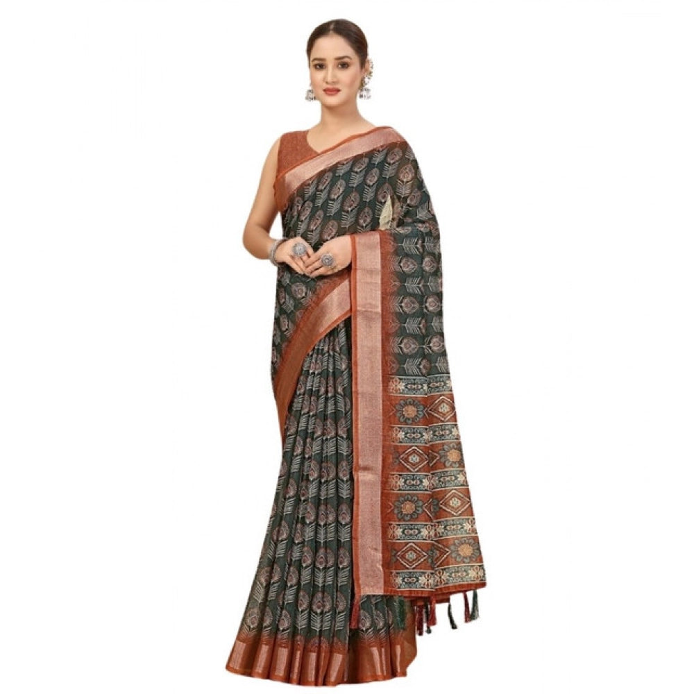Amfyn Women's Cotton Silk Printed Saree With Unstitched Blouse 5.5Mtr (Multicolor)