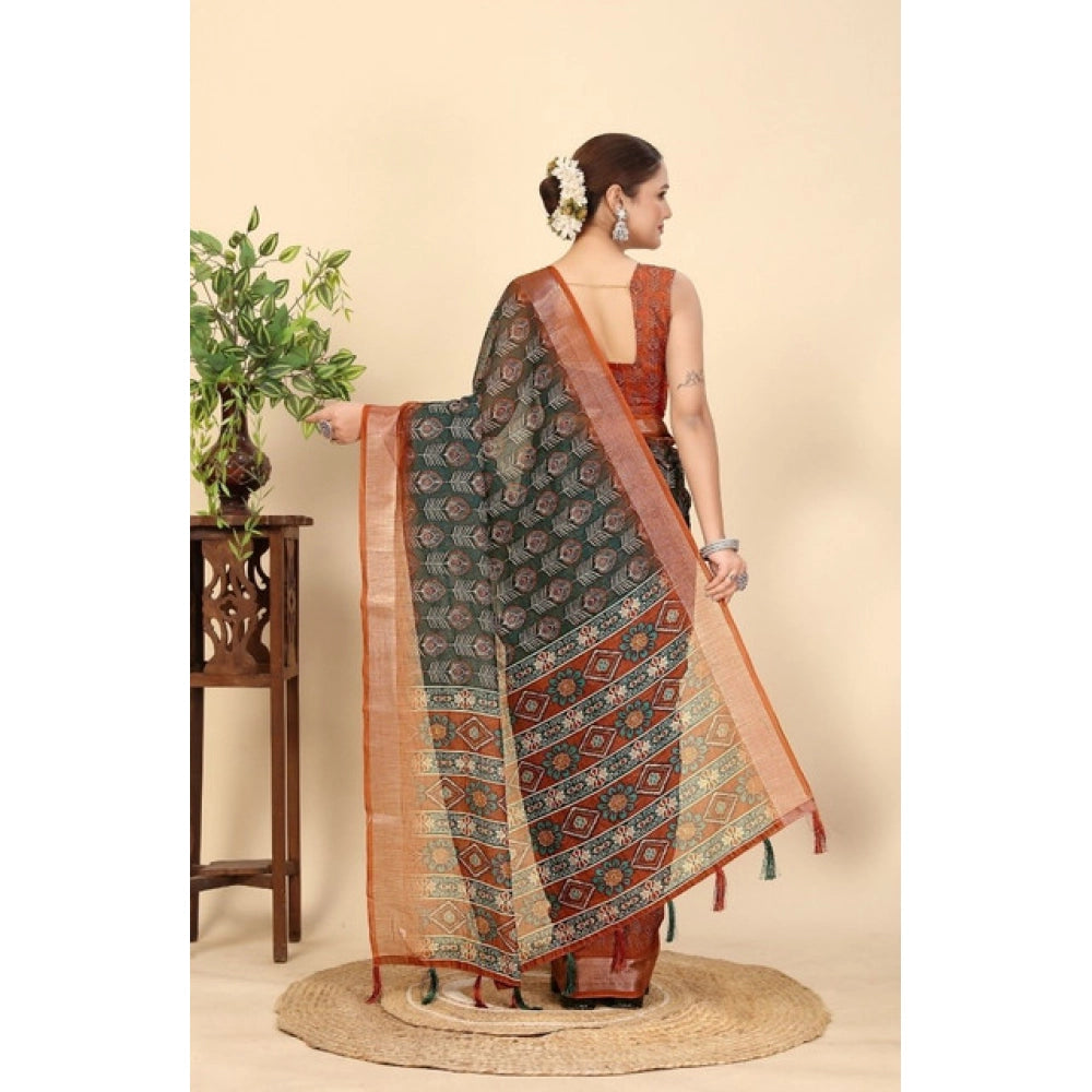 Amfyn Women's Cotton Silk Printed Saree With Unstitched Blouse 5.5Mtr (Multicolor)