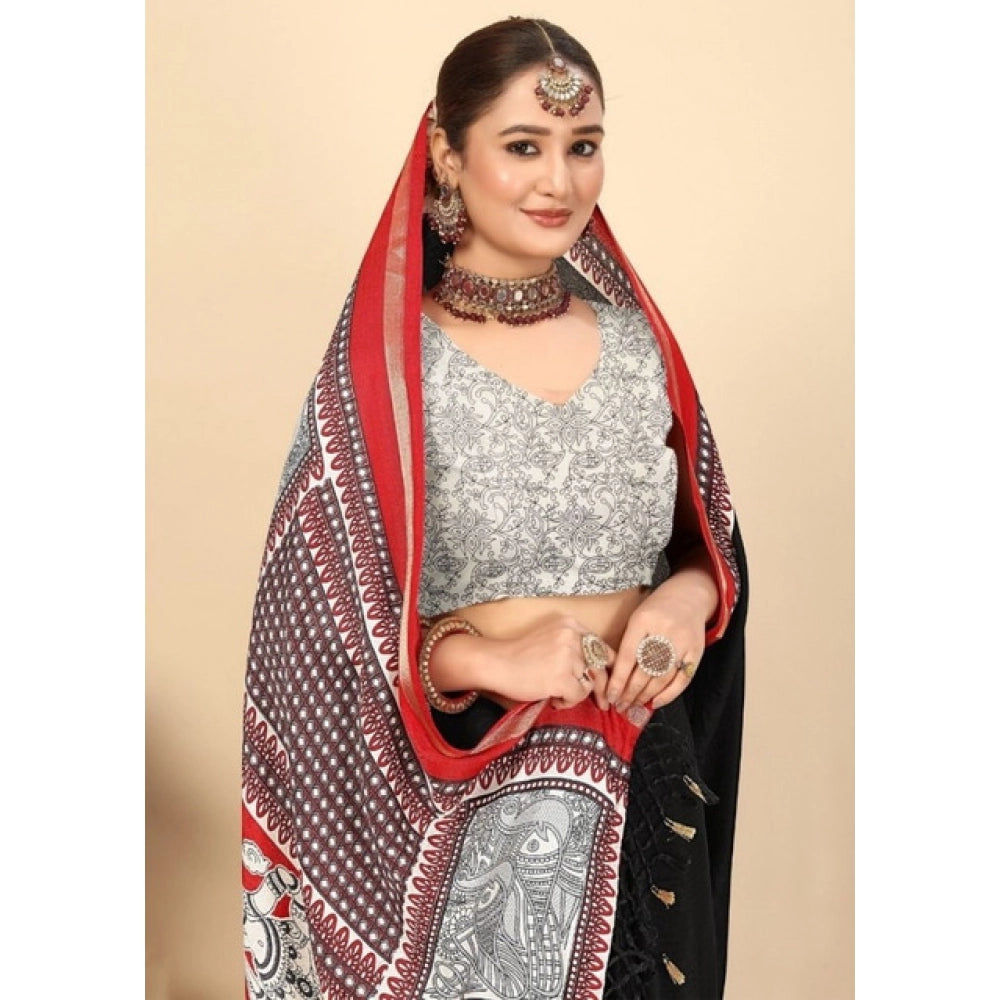 Amfyn Women's Cotton Silk Printed Saree With Unstitched Blouse 5.5Mtr (Black)