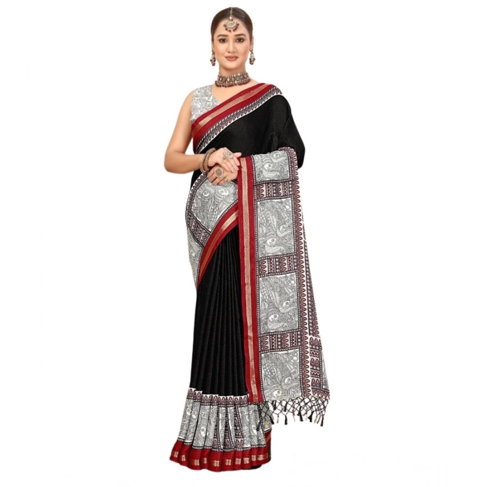 Amfyn Women's Cotton Silk Printed Saree With Unstitched Blouse 5.5Mtr (Black)