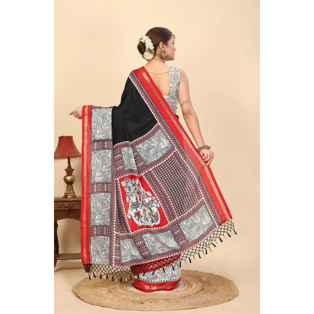 Amfyn Women's Cotton Silk Printed Saree With Unstitched Blouse 5.5Mtr (Black)