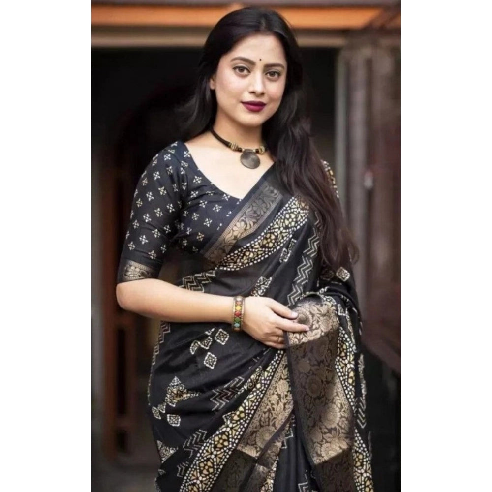 Amfyn Women's Cotton Silk Printed Saree With Unstitched Blouse 5.5Mtr (Black)