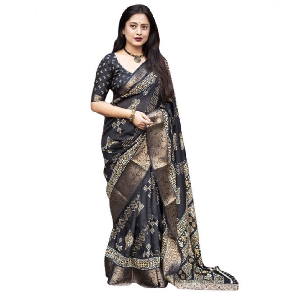 Amfyn Women's Cotton Silk Printed Saree With Unstitched Blouse 5.5Mtr (Black)