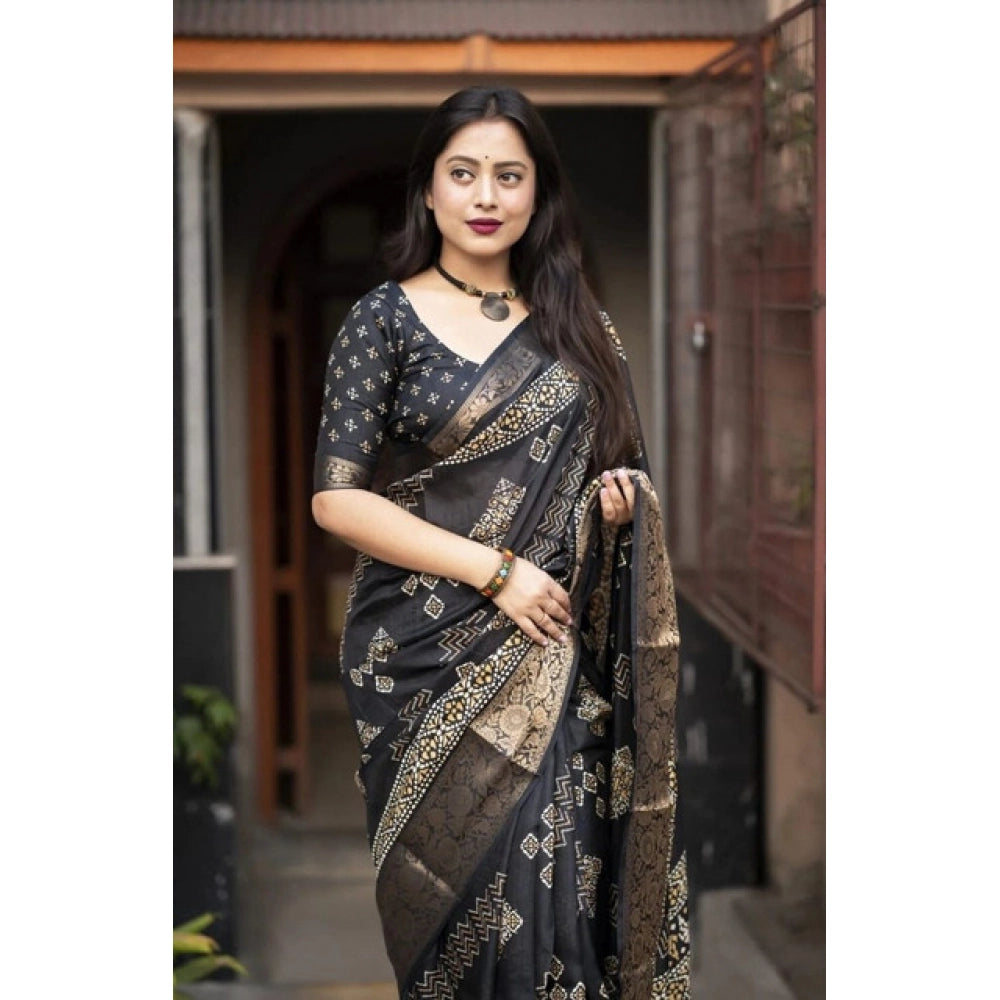 Amfyn Women's Cotton Silk Printed Saree With Unstitched Blouse 5.5Mtr (Black)