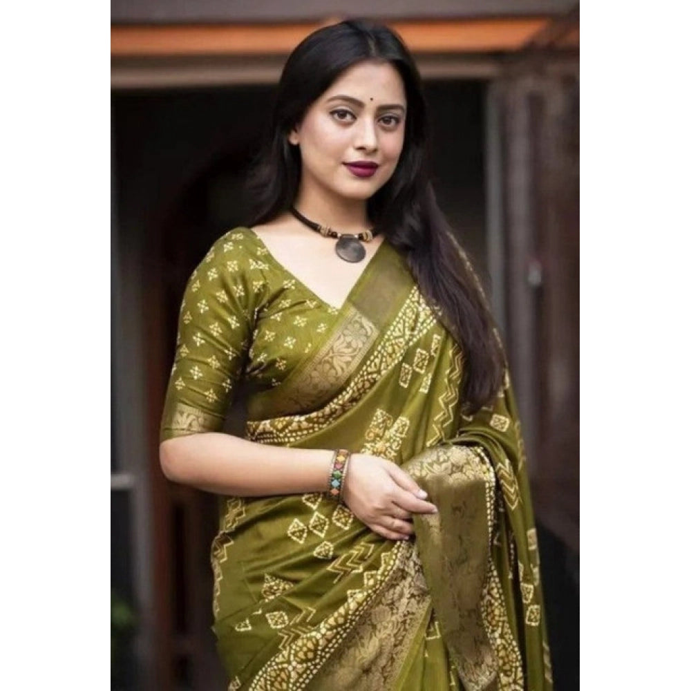 Amfyn Women's Cotton Silk Printed Saree With Unstitched Blouse 5.5Mtr (Green)