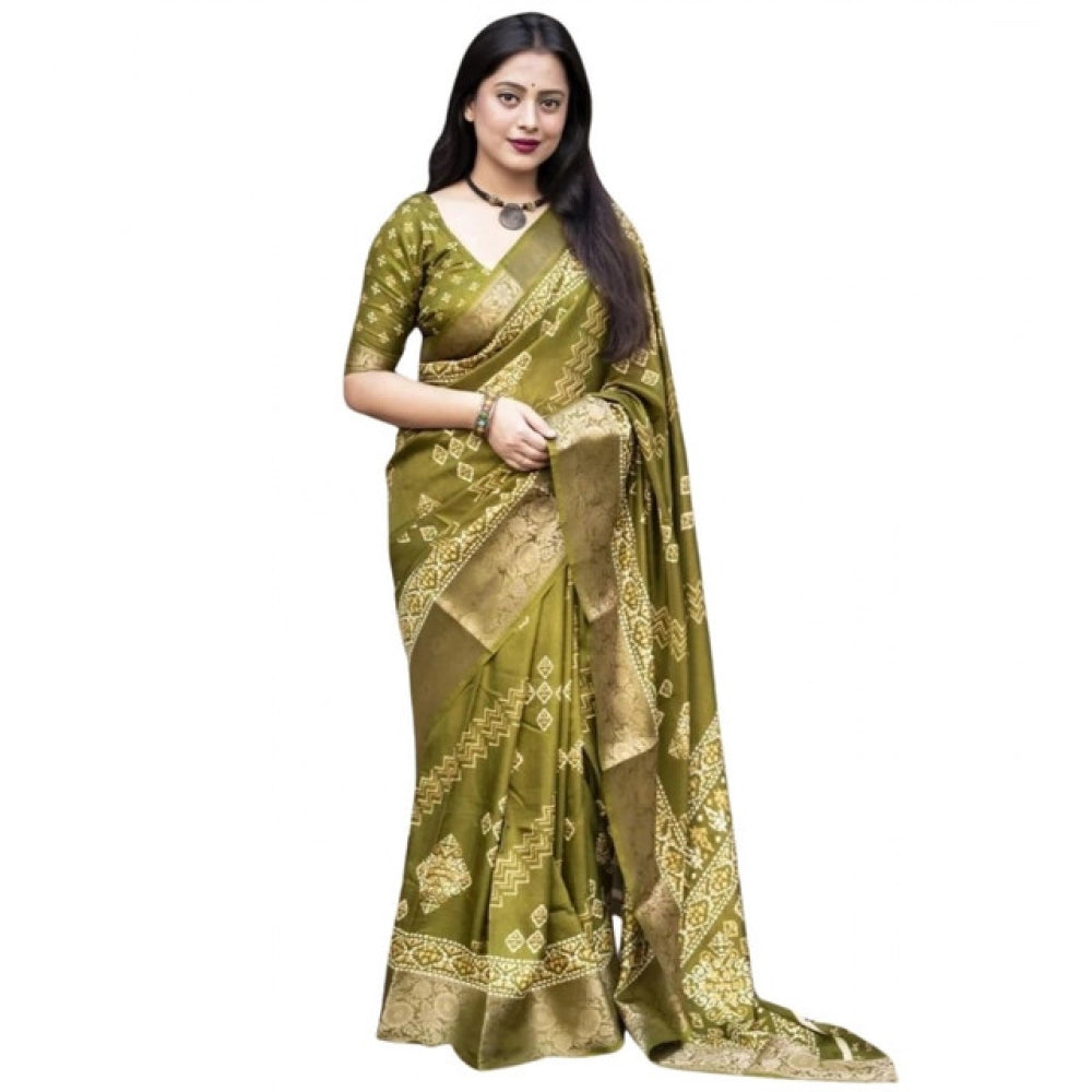 Amfyn Women's Cotton Silk Printed Saree With Unstitched Blouse 5.5Mtr (Green)
