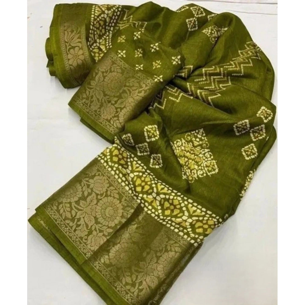 Amfyn Women's Cotton Silk Printed Saree With Unstitched Blouse 5.5Mtr (Green)