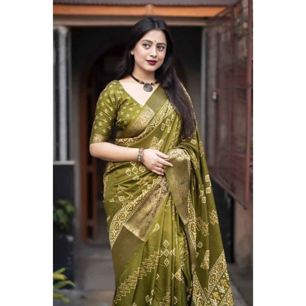 Amfyn Women's Cotton Silk Printed Saree With Unstitched Blouse 5.5Mtr (Green)