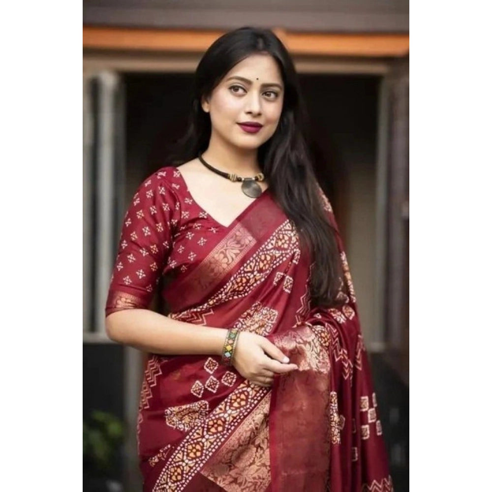 Amfyn Women's Cotton Silk Printed Saree With Unstitched Blouse 5.5Mtr (Maroon)