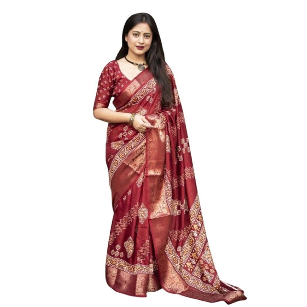 Amfyn Women's Cotton Silk Printed Saree With Unstitched Blouse 5.5Mtr (Maroon)