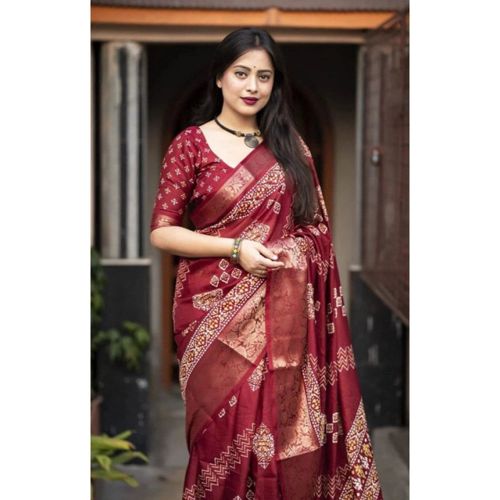 Amfyn Women's Cotton Silk Printed Saree With Unstitched Blouse 5.5Mtr (Maroon)