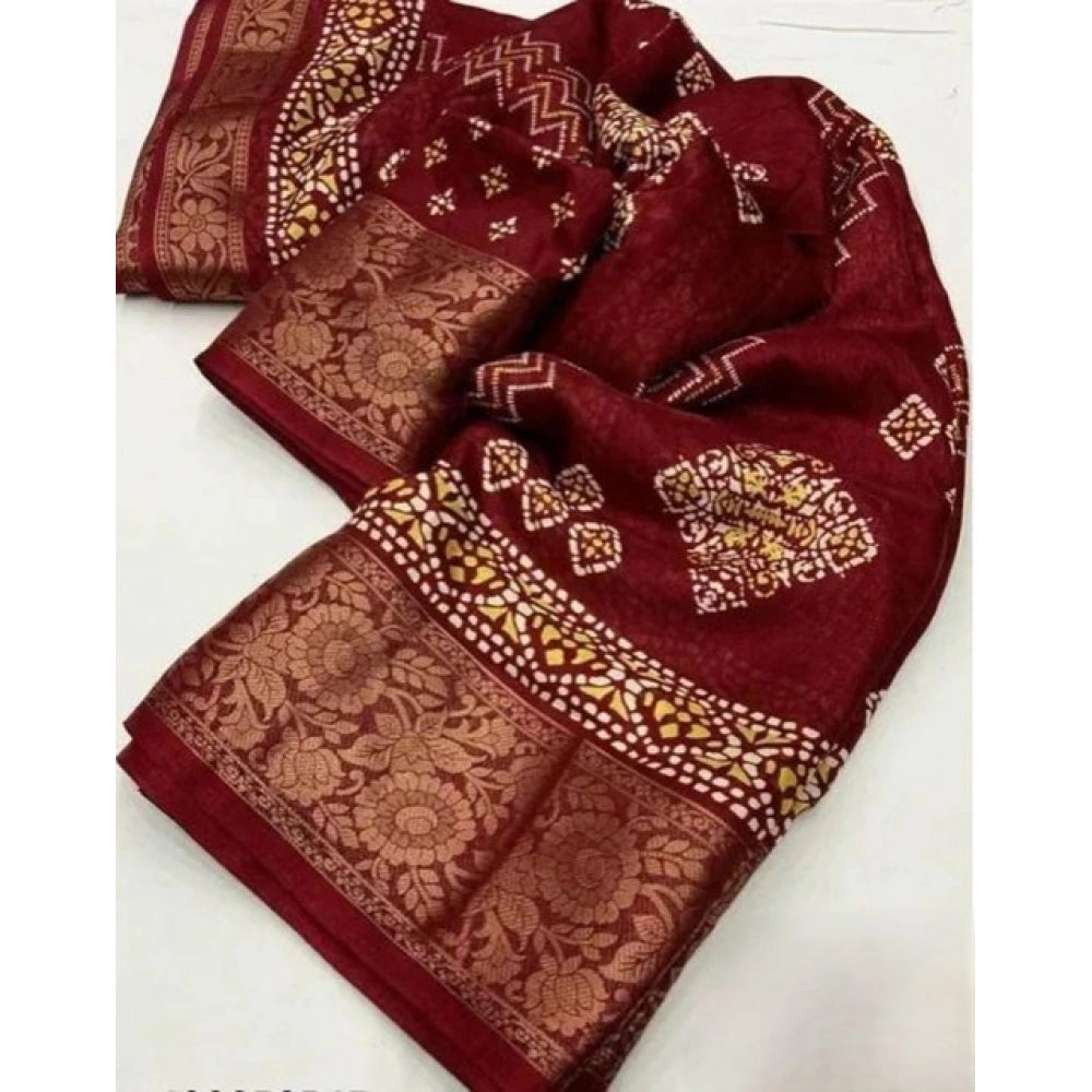Amfyn Women's Cotton Silk Printed Saree With Unstitched Blouse 5.5Mtr (Maroon)