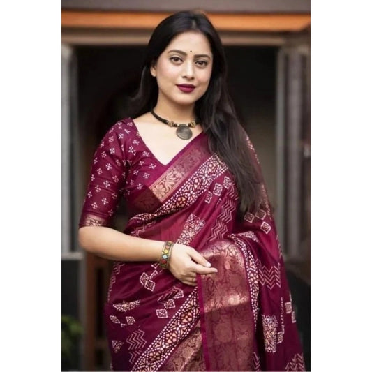 Amfyn Women's Cotton Silk Printed Saree With Unstitched Blouse 5.5Mtr (Wine)