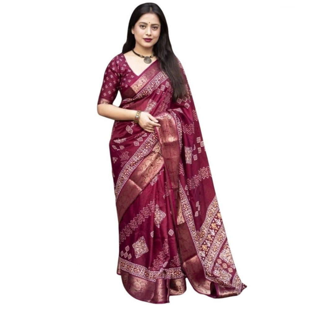 Amfyn Women's Cotton Silk Printed Saree With Unstitched Blouse 5.5Mtr (Wine)