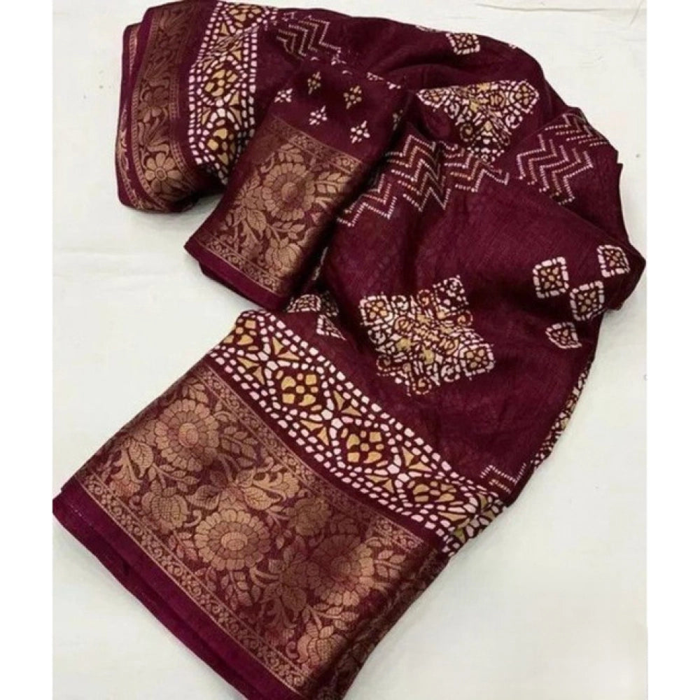 Amfyn Women's Cotton Silk Printed Saree With Unstitched Blouse 5.5Mtr (Wine)