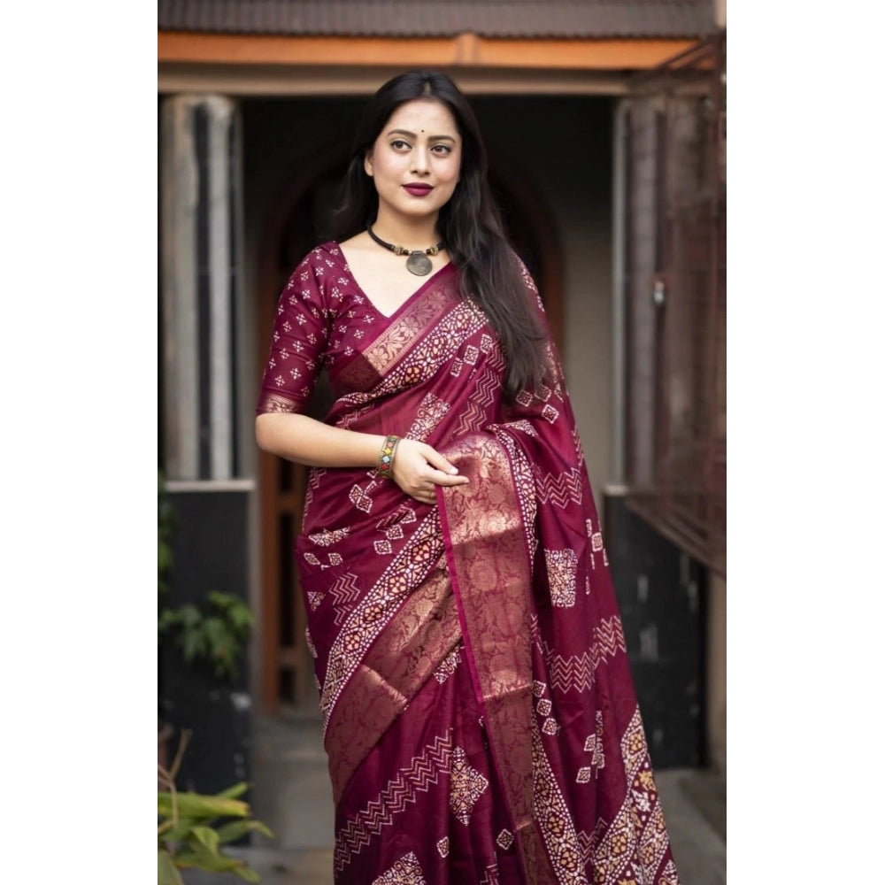 Amfyn Women's Cotton Silk Printed Saree With Unstitched Blouse 5.5Mtr (Wine)