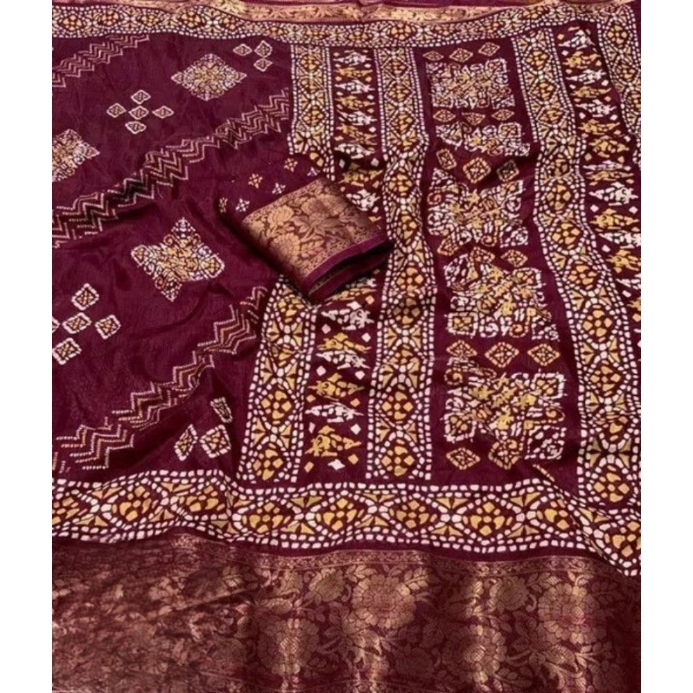 Amfyn Women's Cotton Silk Printed Saree With Unstitched Blouse 5.5Mtr (Wine)