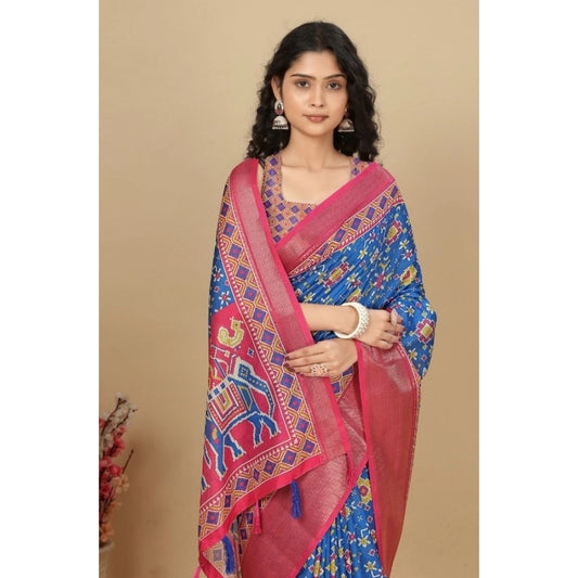 Amfyn Women's Cotton Silk Printed Saree With Unstitched Blouse 5.5Mtr (Blue)