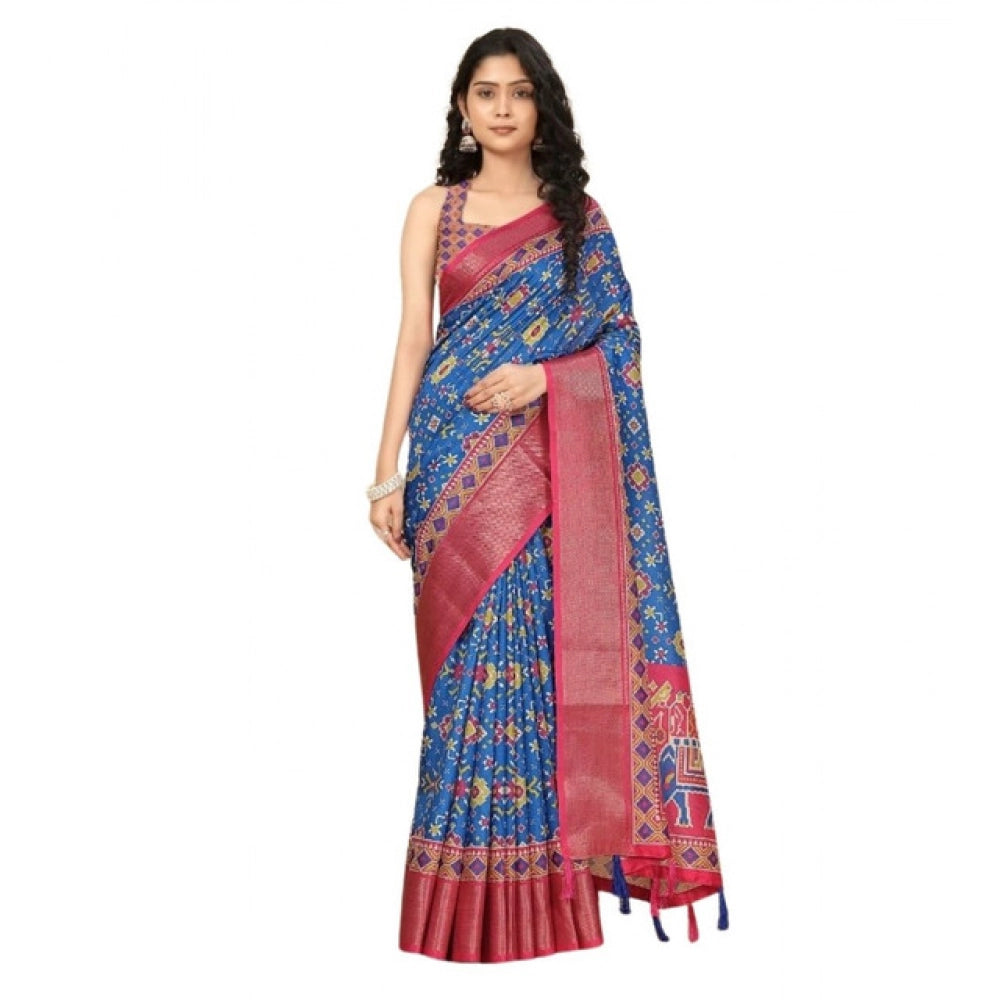 Amfyn Women's Cotton Silk Printed Saree With Unstitched Blouse 5.5Mtr (Blue)