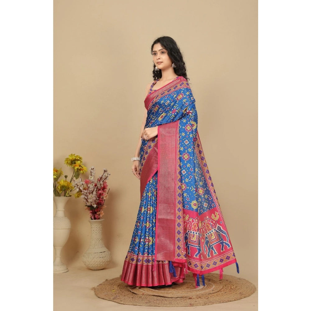 Amfyn Women's Cotton Silk Printed Saree With Unstitched Blouse 5.5Mtr (Blue)
