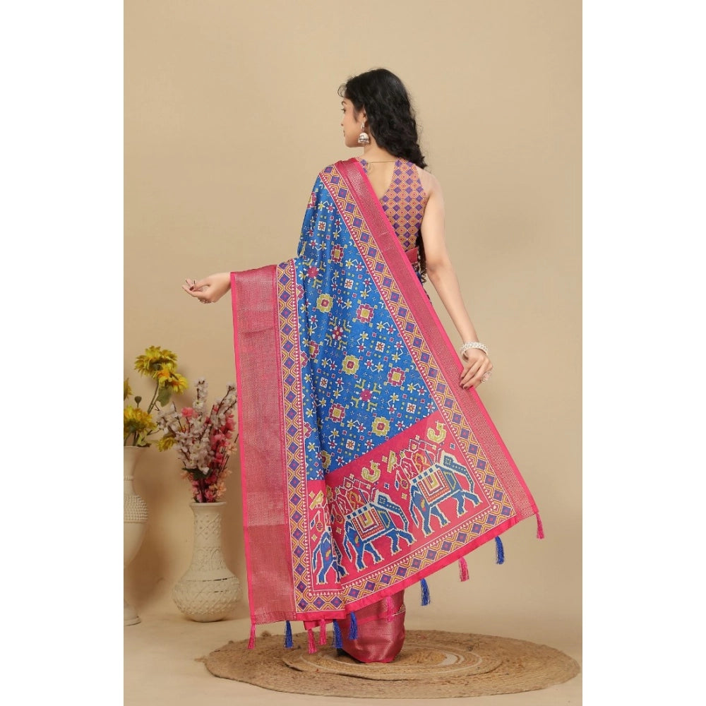 Amfyn Women's Cotton Silk Printed Saree With Unstitched Blouse 5.5Mtr (Blue)