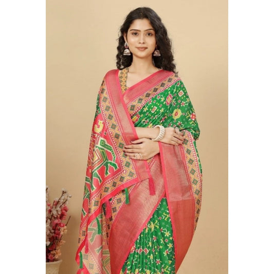 Amfyn Women's Cotton Silk Printed Saree With Unstitched Blouse 5.5Mtr (Green)