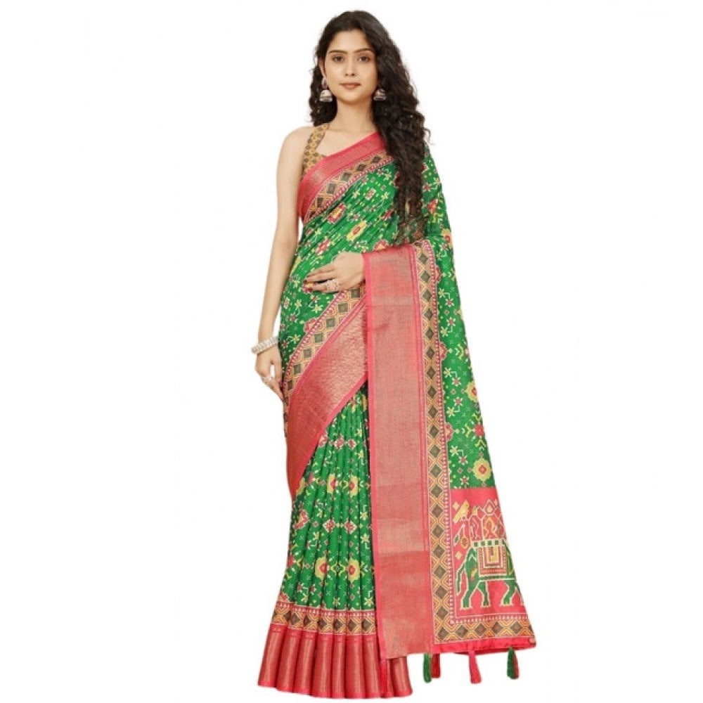 Amfyn Women's Cotton Silk Printed Saree With Unstitched Blouse 5.5Mtr (Green)