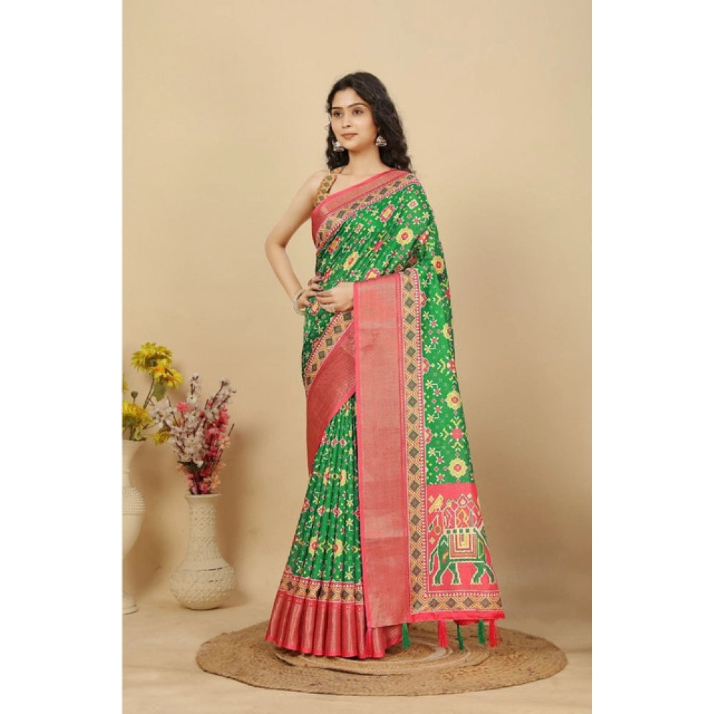 Amfyn Women's Cotton Silk Printed Saree With Unstitched Blouse 5.5Mtr (Green)